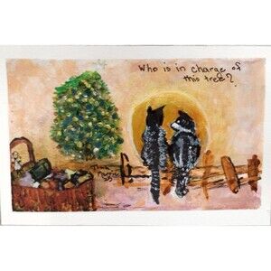 Christmas Postcard Cats Santas Toys Tree Full Moon Who's in Charge of Tree Art